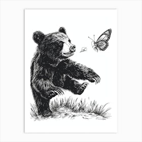 Malayan Sun Bear Cub Chasing After A Butterfly Ink Illustration 4 Art Print