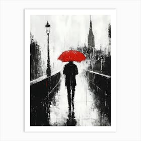 A Man with a Red Umbrella in the Rain 4 Art Print