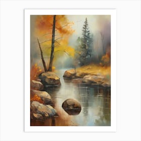 Forest Lake, Autumn Lake, Vintage Oil Painting, Farmhouse Wall Decorations, Antique Landscape, Vintage Landscape Oil Painting.6 Art Print