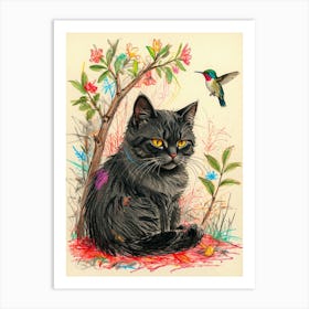 Cat With Hummingbird Art Print