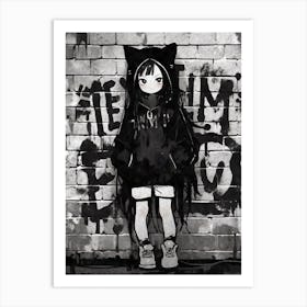 Kawaii Aesthetic Monochrome Nekomimi Anime Cat Girl Urban Graffiti Style 1 Art Print