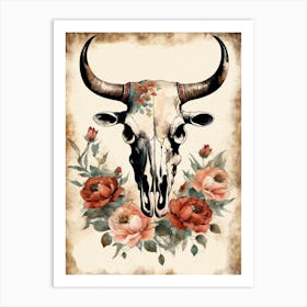 Vintage Boho Bull Skull Flowers Painting (23) Art Print