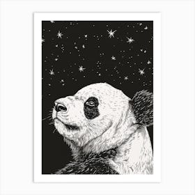 Giant Panda Looking At A Starry Sky Ink Illustration 1 Art Print