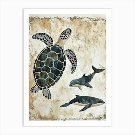Sea Turtle & Whales Vintage Illustration Art Print