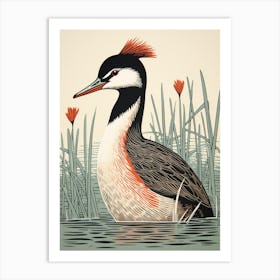 Vintage Bird Linocut Grebe 4 Art Print