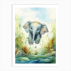 Elephant Painting Scuba Diving Watercolour 4 Art Print