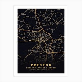 Preston England Black And Gold Map Art Print