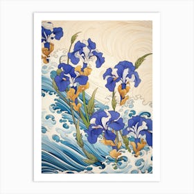 Great Wave With Iris Flower Drawing In The Style Of Ukiyo E 4 Art Print