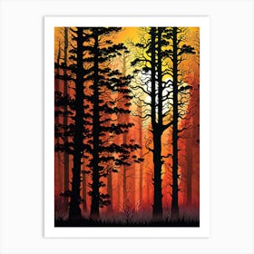 Sunset In The Forest 11,   Forest bathed in the warm glow of the setting sun, forest sunset illustration, forest at sunset, sunset forest vector art, sunset, forest painting,dark forest, landscape painting, nature vector art, Forest Sunset art, trees, pines, spruces, and firs, orange and black.  Art Print
