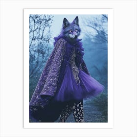 Wolf dressed as witch walking in the forest Art Print