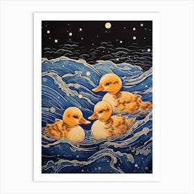 Ducklings Swimming In The Water Japanese Woodblock Style 4 Art Print