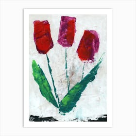 Three Tulips - floral flowers painting modern contemporary red green white vertical Art Print