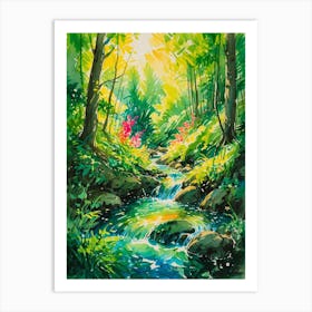 Watercolor Of A Stream In The Forest Art Print