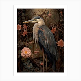 Dark And Moody Botanical Great Blue Heron 6 Art Print