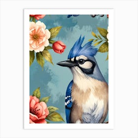 Blue Jay With Flowers Art Print