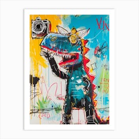 Abstract Colourful Dinosaur Taking A Photo On An Anologue Camera 1 Art Print