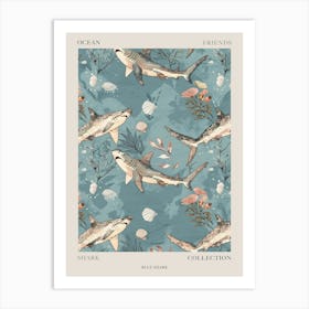 Pastel Blue Shark Watercolour Seascape Pattern 1 Poster Art Print