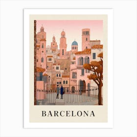 Barcelona Spain 2 Vintage Pink Travel Illustration Poster Art Print