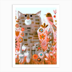 Cat, Bird and Flowers Art Print