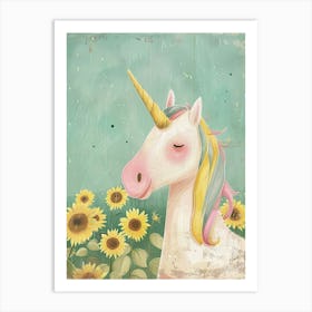 Relaxed Pastel Unicorn In A Sunflower Field Art Print