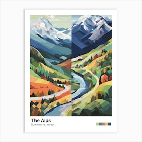 The Alps   Summer Winter Geometric Vector Illustration Poster Art Print