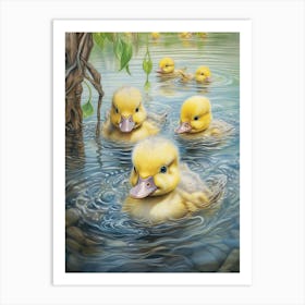 Ducklings Swimming In The River Pencil Illustration 1 Art Print