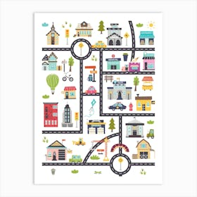 Vertical kids map with roads, cars, buildings Art Print