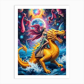 Woman Riding A Golden Dragon Art Print