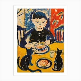 Portrait Of A Boy With Cats Having Dinner 3 Art Print