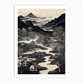 Iya Valley In Tokushima, Ukiyo E Black And White Line Art Drawing 1 Art Print