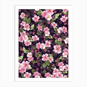 Pink And Purple Blackberry Fruit And Flower Pattern Art Print