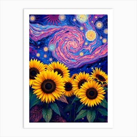 Sunflowers Under The Starry Sky Art Print