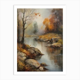 Autumn Lake,Forest Lake, Vintage Oil Painting, Farmhouse Wall Decorations, Antique Landscape, Vintage Landscape Oil Painting.2 2 Art Print