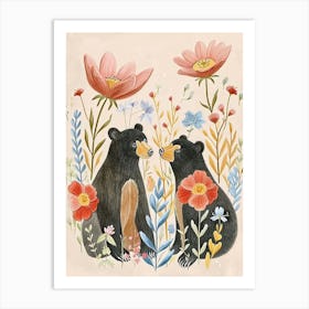 Folksy Floral Animal Drawing Black Bear 2 Art Print