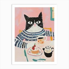 Black And White Cat Having Breakfast Folk Illustration 2 Art Print