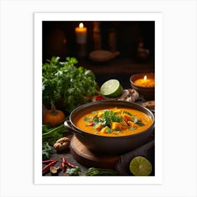 Autumn Pumpkin Curry Soup Steaming In A Rustic Ceramic Bowl Surrounded By An Array Of Vividly Spice Art Print