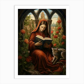 Cat In Floral Garden Whilst Person Reads Book In Medieval Robes Art Print