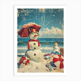 Retro Kitsch Snowmen On The Beach 2 Art Print