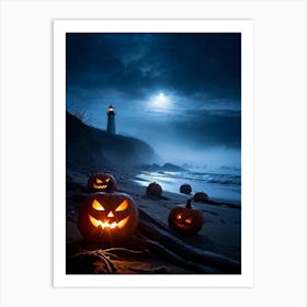 Jack O Lanterns Emanating Ethereal Glow Arrayed On A Shadowy Beach Misty Coastal Backdrop Myster (6) Art Print