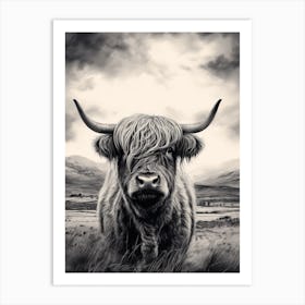 Stormy Black & White Illustration Of Highland Cow Art Print