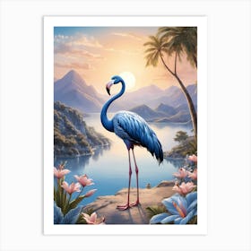 Floral Blue Flamingo Painting (42) Art Print