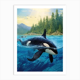 Realistic Illustration Of Orca Whale In Colour With Trees In The Background Art Print