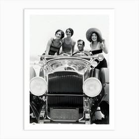 1920s Man Driving Convertible Touring Car With Three Women In Bathing Suits As Passengers Art Print