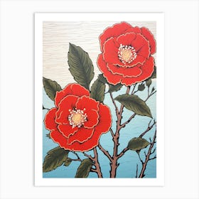 Higanatsu Red Camellia Vintage Botanical Woodblock Art Print