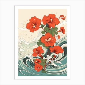 Great Wave With Nasturtium Flower Drawing In The Style Of Ukiyo E 3 Art Print