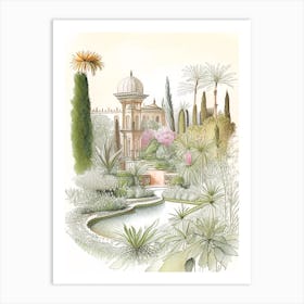 Gardens Of Alhambra, Spain Vintage Pencil Drawing Art Print