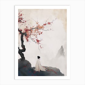 Asian Woman Under Cherry Tree Art Print