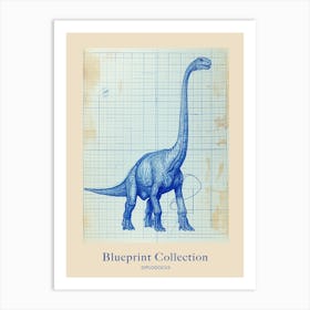 Diplodocus Dinosaur Blue Print Sketch 1 Poster Art Print