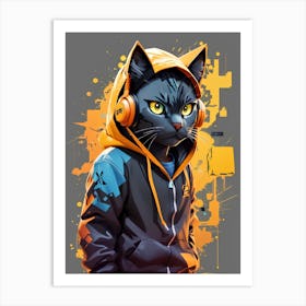 Cat With Headphones Art Print