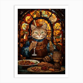 Mosaic Of A Royal Cat Eating A Feast Art Print